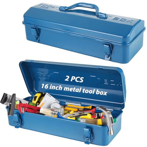 2 PCS Small Metal Tool Box 16 Inch Hip Roof Style Portable Locking Toolbox With Metal Latch Closure & Handle Blue Tool Storage Box