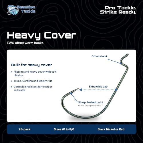 Reaction Tackle Heavy Cover Black Nickel Offset EWG Worm Hooks #2/0 25-Pack