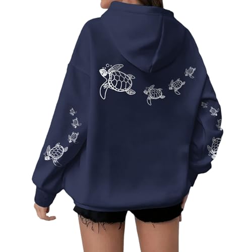 Lubpow Navy Blue Sea Turtle Oversized Hoodie for Women, Small