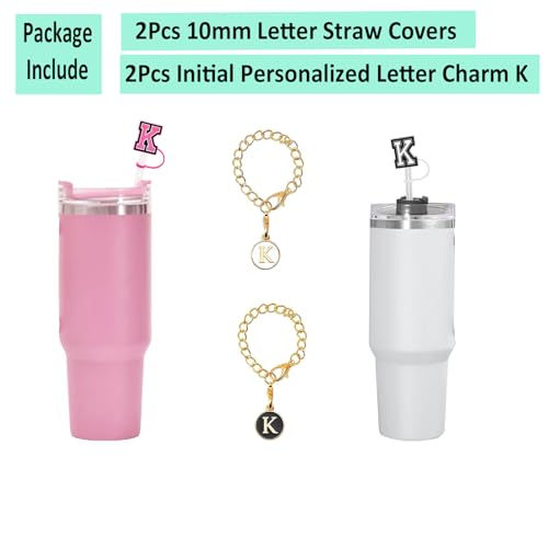 Straw Cover Caps with Personalized Initial Charms - Letter K