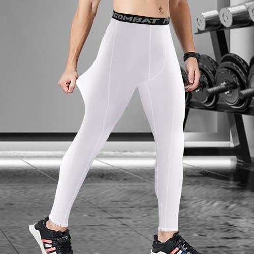 Men's Compression Leggings for Running - Quick Dry - White, Small