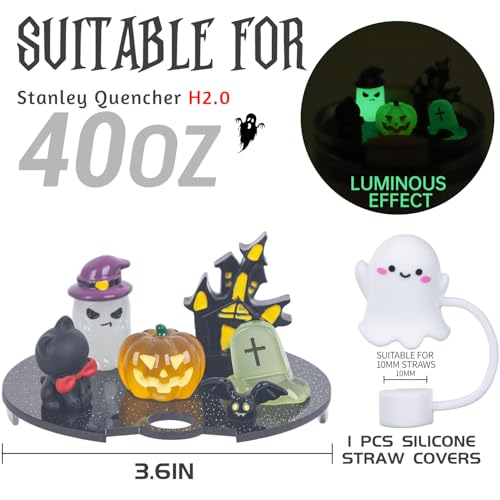 LA KEN DU 40oz Halloween Stanley Cup Charm Lids & Straw Cover — Glow-in-the-Dark Tumbler Accessories