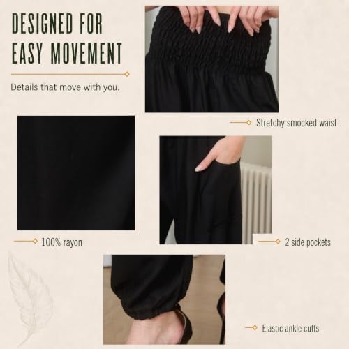 Black Medium Boho 2-Pocket Flowy Harem Yoga Pants for Women