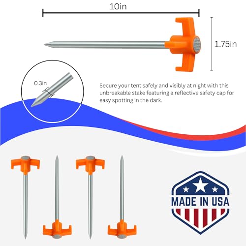 Unbreakable Stainless Steel Tent Stakes - 10" Heavy Duty, Orange
