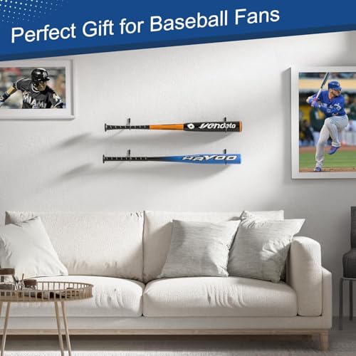Baseball Bat Holder Wall Mount - 2 Pack Black Display Rack