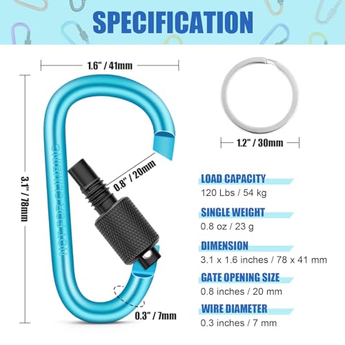 12 Pack Locking Carabiner D Ring Clips with Flat Key Rings for Outdoor & Everyday Use