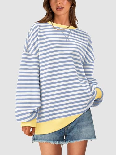 Striped Oversized Sweatshirt - Lightweight Fall Pullover Top - Small Blue Beige