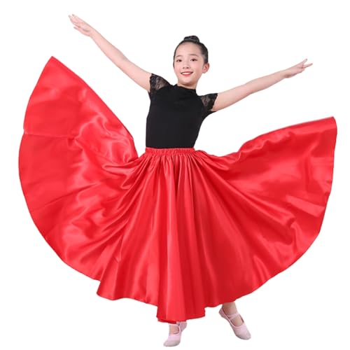 Snowaqua 360 Red Satin Full Circle Dance Skirt for Girls 8-12 Years - Ankle Length Swing Skirt for Belly Dance