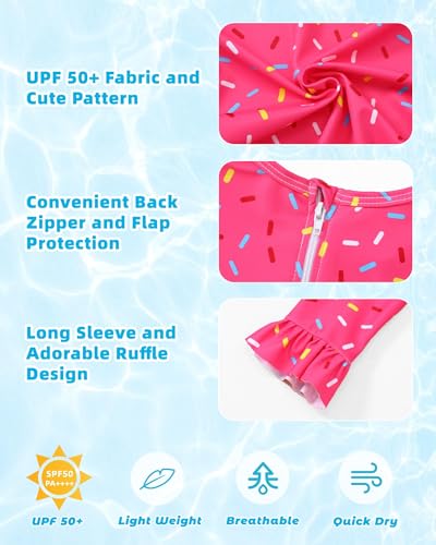 Long Sleeve Ruffle One Piece Swimsuit - Rosered, 3-4T