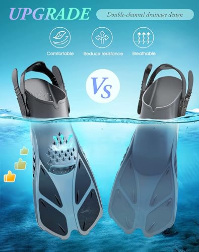 Adjustable Snorkel Fins - Travel Size Short Flippers - Black L/XL (US Size 9-13)