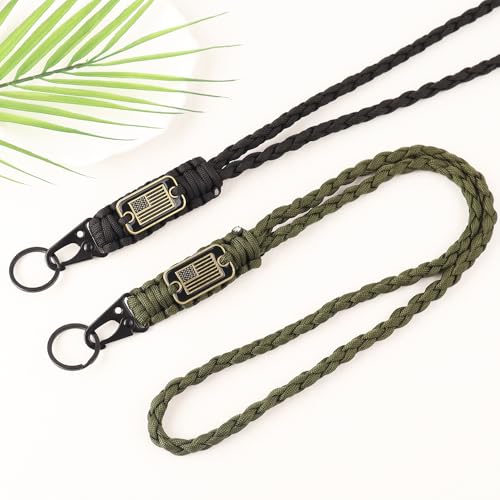 Heavy Duty Braided Paracord Lanyard Keychains - 2pcs Black+Green with USA Flag