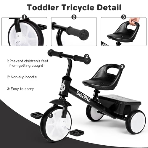 Bobike Black Toddler Tricycle with Glowing LED Wheels, Adjustable Seat & Rear Basket