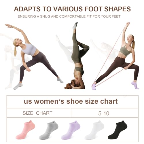 Non-Slip Grip Pilates Socks for Women - 5 Pairs, A - Purple White Pink Gray Black