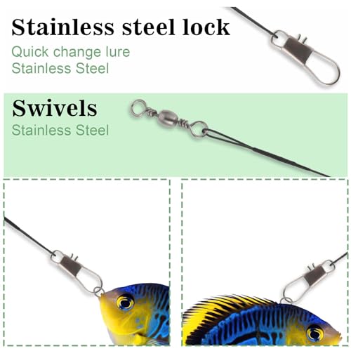 Fishing Leaders - 50 Pcs Stainless Steel Wire Leaders with Snap & Swivel - Black