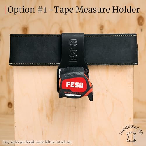 Black Leather Tape Measure Holder for Belt - Heavy Duty Tool Pouch with Steel Clip & Rivets