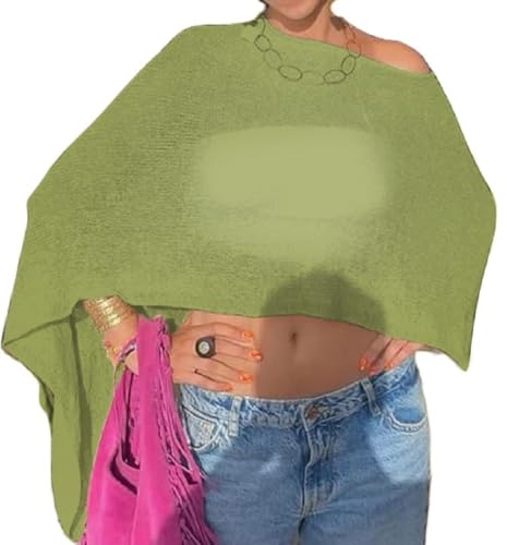 Dark Green Women Sheer Knit Poncho Top Y2K Mesh Cover Up One Size