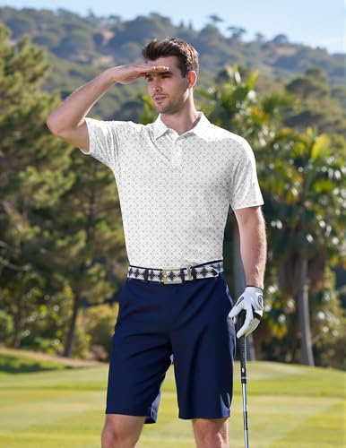 COOFANDY Men's Golf Polo Shirt Large White with Golf Clubs - Quick Dry Short Sleeve Casual Collared Shirt