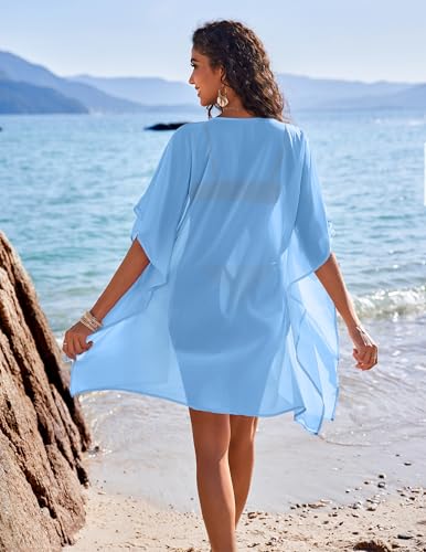 Chiffon Beach Cover Up for Women - Sheer Kimono Cardigan - Large Sky Blue