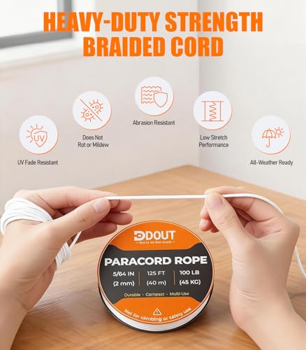 DDOUT 2mm Paracord Micro Paracord Rope, 125 ft White, 100 lb Tough Nylon Cord