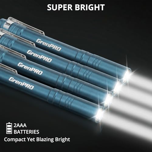 GRENPRO Blue LED Pen Light 4 Pack with Batteries - Mini Aluminum Flashlights for Inspection, Nurses, Everyday Carry