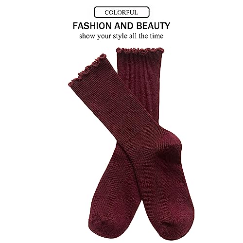 Women's Cotton Crew Socks with Ruffle Turn-Cuff - Wine Red