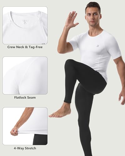 Roadbox Men's Compression Short Sleeve Workout Base Layer Shirt Small White