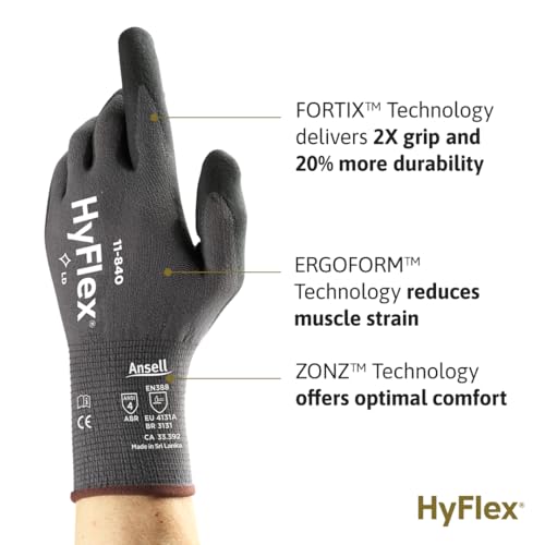Ansell HyFlex 11-840 Ergonomic Abrasion-Resistant Nitrile Foam Industrial Gloves for Automotive, Fabrication, Utilities - Size 8, Grey (12 Pairs)
