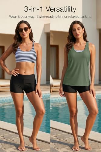 Women's 3 Piece Tankini Swimsuit with Tummy Control - Large Green Black Striped