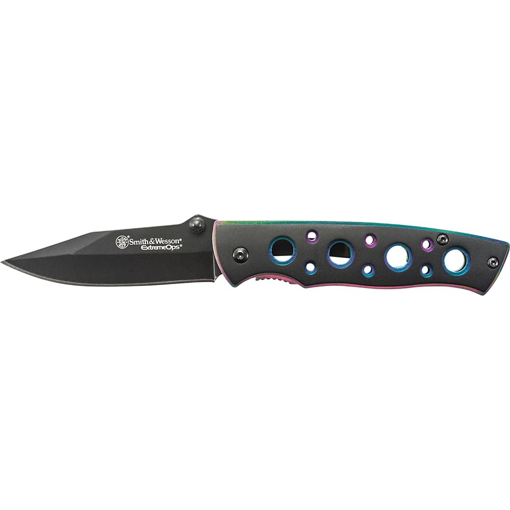 Smith & Wesson Extreme Ops CK113 6.4in S.S. Folding Knife with a 2.7in Clip Point Blade and Iridescent Handle for Outdoor, Tactical, Survival and EDC