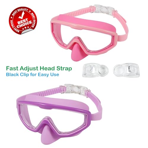 Kids Swim Goggles 6-14 with No Tangle Strap, Pink & Purple 2-Pack, UV Protection