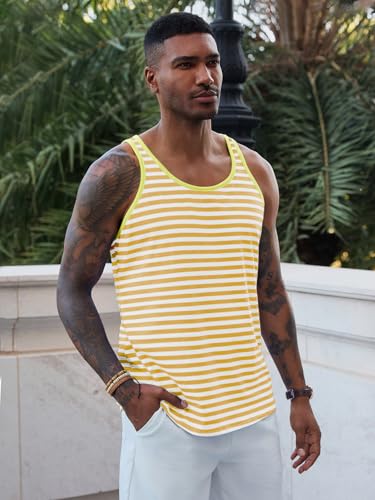 Men's Casual Striped Workout Tank Top - Large Yellow