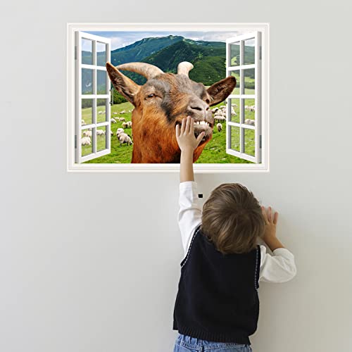 Vinyl Window Decals Funny Goat Wall Art Sticker Peel and Stick Removable 3D Window View Goat Fun Wall Mural Sticker for Kids Bedroom Playroom Office Art Room Decor