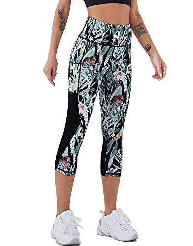 AGSWQ Women's High Waist Capri Leggings with Pockets - Floral & Black, Medium