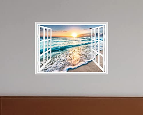 Faux Window Wall Mural - Sunset Beach Wall Sticker 16"x24"