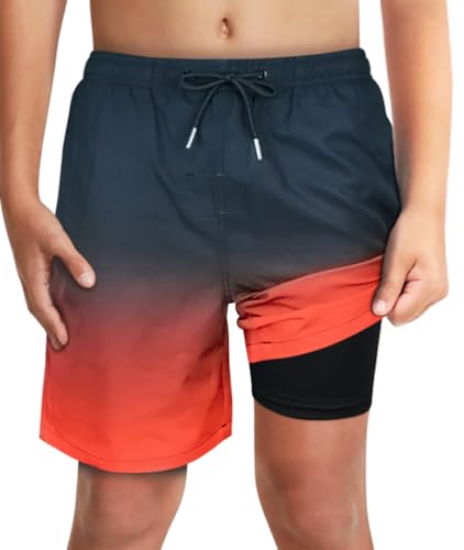 LUCOWEE Boys Swim Trunks with Soft Compression Liner, Quick Dry, UPF 50+, Black Red Ombre, Age 10-12