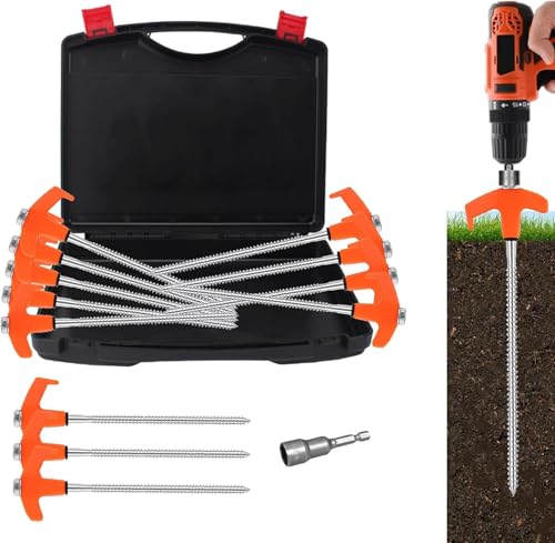 12 Pack 8" Heavy Duty Screw-In Tent Stakes - Drill Ground Anchors (Orange)