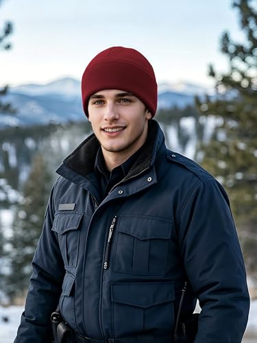Winter Fleece Beanie - Double-Layer Brim Skull Cap - Burgundy