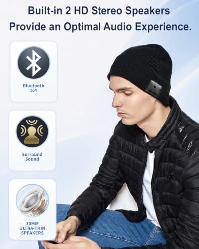 Borayda Bluetooth Beanie 18H HD Stereo, Built-in Mic, Black (Men/Women) Christmas Gift