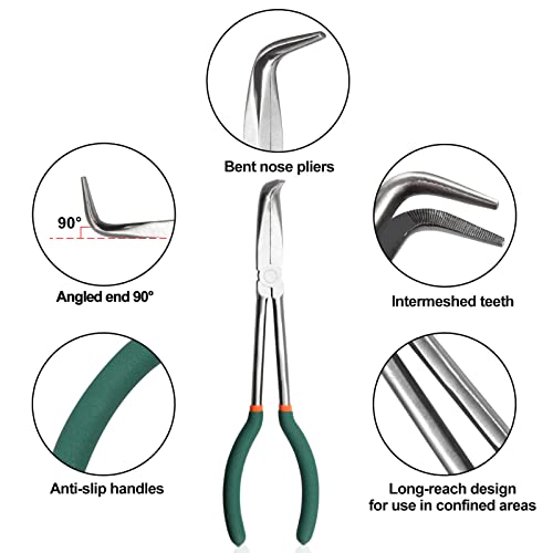 SPEEDWOX Long Reach Bent Nose Pliers 10 Inches 90 Degree Intermeshed Teeth Precision Fine Pliers for Hard to Reach Narrow Spaces High Leverage Reduce Efforts Non-slip Handle