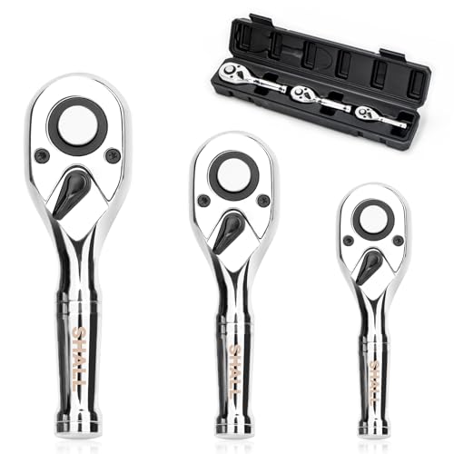 SHALL 3-Piece Stubby Ratchet Set - 1/4'', 3/8'', 1/2'' Mini Drive Ratchet with Storage Box - Quick Release & Reversible Small Ratcheting Handle Set - 72-Tooth, Full Polished, Chrome Alloy Made