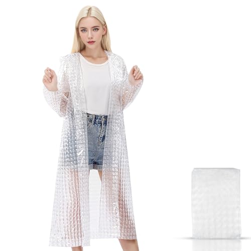 Reusable Rain Poncho for Adults - Thickened EVA Raincoat with Hood & Sleeves - White