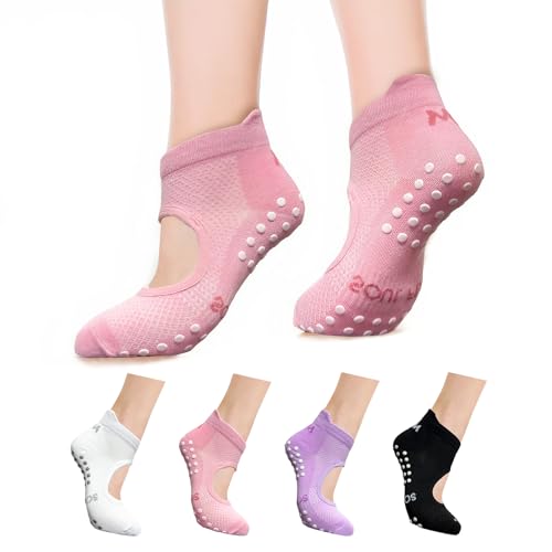 4 Pairs Non-Slip Pilates Socks with Grips - One Size Open Top