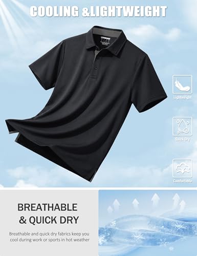 TACVASEN Men's Short Sleeve Polo Shirt - Dry Fit Golf Casual Collared Top, Medium Black