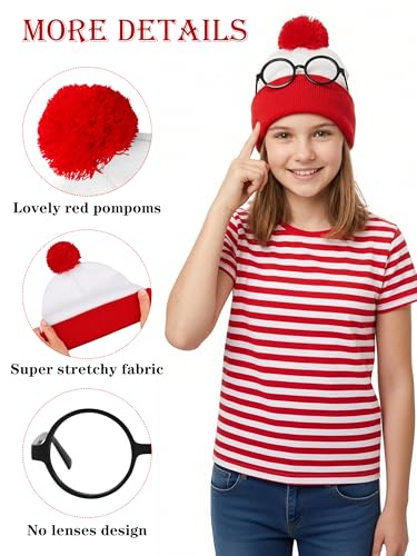 Halloween Red White Knit Beanie with Pompoms & Glasses - Small