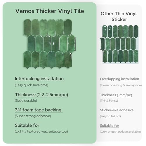 Vamos Tile Upgraded Thicker Design Peel and Stick Backsplash Tile, 1-Sheet Green Self Adhesive Vinyl Wall Tiles, Stick on Backsplash for Kitchen, Bathroom,RV (Thicker Design)