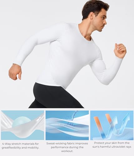Compression Long Sleeve Shirt for Men - Athletic Base Layer - Large White