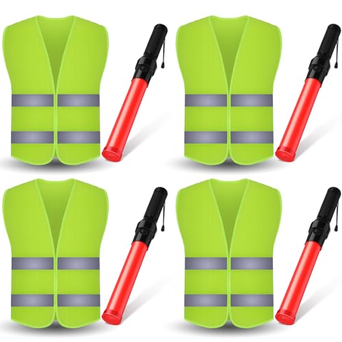 Kanayu 8 Pcs 16 Inch Signal Traffic Wand High Visibility Safety Vest Set Include 4 Reflective Safety Vest 4 Traffic Control Light Security Wands for Airport Parking(Neon Green)