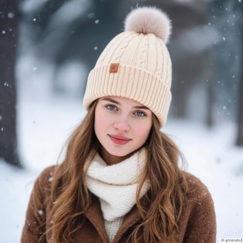 Warm Wool Cable Knit Beanie Hat for Women - Beige Pom Pom