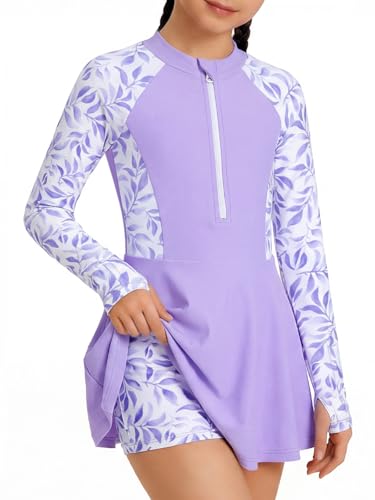 HOZIY Girls Rash Guard Swimsuit Set with Front Zip – Lavendar Floral 9-10 Years