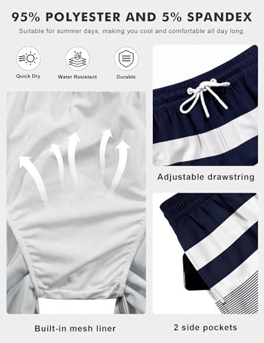 Lzzidou Men's X-Large Navy White Striped Swim Trunks with Mesh Lining